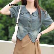 Lovito Casual Plain Washed Asymmetrical Button Front Denim Top for Women