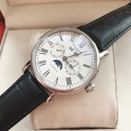 Đồng hồ Nam P.181 máy nhật mẫu Lịch vạn niên mặt trắng viền trắng dây da dòng cơ Automatic