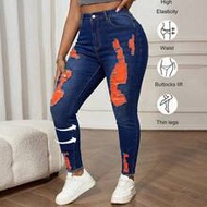 Blue Plus Size Jeans Casual Skinny Stretch Ripped Tights Women's Jeans High Waisted Jeans Jeans With