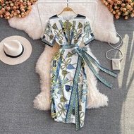 Đầm In Hoa Thanh Lịch Mùa Hè Đầm Dự Tiệc Dài Đến Đầu Gối Tay Ngắn Cổ Chữ O Cho Nữ ĐầM Xẻ Tà Bohemian