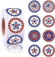 Whaline 600Pcs Glitter Independence Day Stickers 4th of July Round Sticker Decals Patriotic Red Blue Star Label Stickers 8 Design Adhesive Sealing Labels for Envelopes Baking Bag Party Favor Supplies