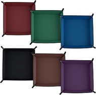 SIQUK 6 Pieces Dice Tray PU Leather Folding Dice Rolling Trays Square Holder for Dice Games, 6 Dark 