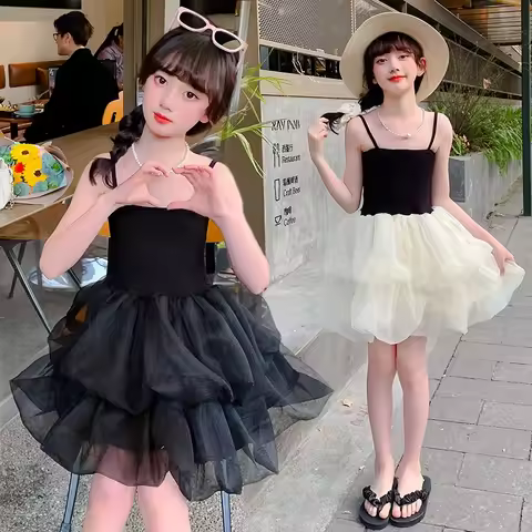 2026 French Summer Kid Baby Party Princess Girls Mesh LACE Teenager Vest Patchwork Slip Dress Tutu S