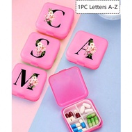 Pink Crabapple Flowers And Black Initial Letters A-Z Pattern Cute And Portable Pill Box,Travel Pill 
