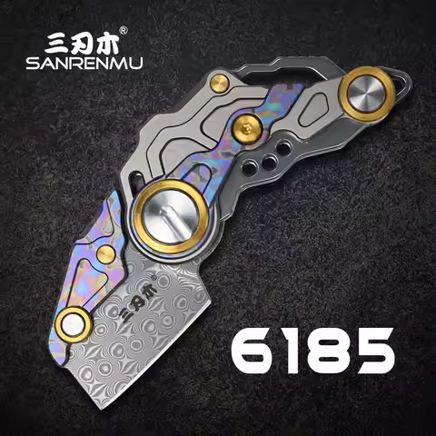 SANRENMU 6185 Exquisite Knife VG10 Damascus Steel TC4 Titanium Handle EDC Keychain Pocket Knife Neck