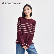 GIORDANO Women Knitted Sweater New Style Fashionable Striped Split Round Neck Raglan Shoulder Pullov