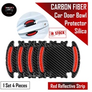 SG Seller Fast Delivery - Universal Car Door Handle Bowl Protector Sticker Anti Scratch Guard Protection Film - 4 PCs RED/SILVER Carbon Fiber Silica Gel Stickers - Exterior Auto Automotive Accessories Automobile Accessory