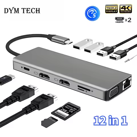 USB C Hub Triple Display Dual Monitor Adapter Laptop Hub USB C to 2 HDMI 4K VGA Ethernet 100W PD 4US