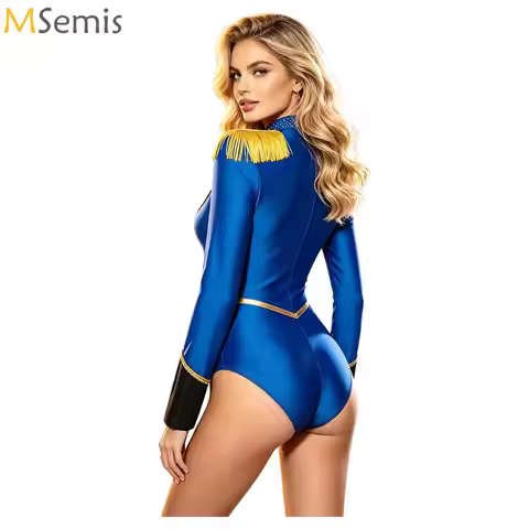 Womens Circus Ringmaster Majorette Carnival Cosplay Costume Shiny Tassel Epaulette Bodysuit Jumpsuit