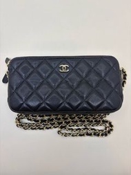 Chanel 香奈兒 29開 woc黑金荔枝牛皮鏈條麻將包 17cm