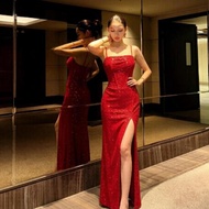 Korean-style Glamorous Bodycon Midi Dress - Red/Elegant Dinner Wear with Glitter Details