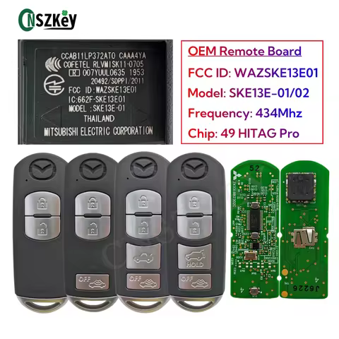 CNSZKEY FCC ID: WAZSKE13E01/02 OEM Board Smart Remote Key FOB 434Mhz ID49 Chip For Mazda 3 6 MX5 SKE