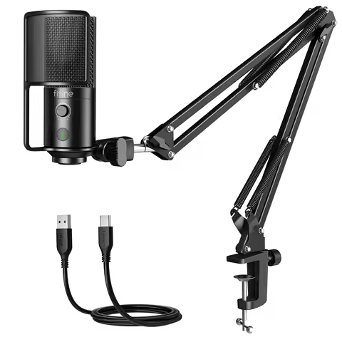 FIFINE USB Streaming Microphone Kit with Arm Boom,Condenser Mic Set with Mute Button,Gain Knob for P