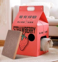 士多啤利牛奶盒貓屋 貓房子屋窩抓板 有貓商店街 造型屋  貓抓屋 貓爪 貓别墅 纸屋 纸箱 貓抓板 房子 貓磨爪 貓咪玩具 瓦楞纸貓屋 寵物屋 寵物房 寵物別墅 猫星屋