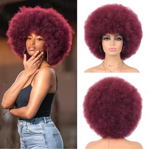 Short Afro Kinky Curly 100 Human Hair Wigs With Bangs Fluffy #99J Bob Wigs Malaysain Full Machine Ma