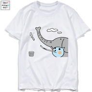 Summer Cool Qoo Short-Sleeved Juice Drink Elephant Anime Cartoon Printed Round Neck Loose Pure Cotto