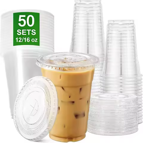 50 Sets of 12/16oz Transparent Plastic Cup with Cover Drink Cup Disposable Plastic Cup for Coffee Ju