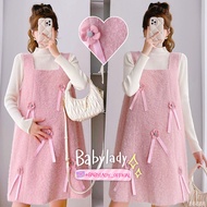 [BB 888] Maternity Dress | BABYLADY-2-Piece Set Fluffy Knitted Overalls 3D Flowers + Crew Neck Shirt