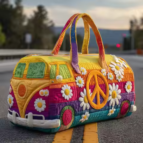 Vintage Hippie Rainbow Patchwork Quilted VW Bus Duffle Bag 3D Daisy Peace Sign Boho Weekender Overni