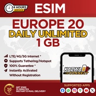 eSIM Europe 20 Daily Unlimited 1GB Data | eSIM Activated Instantly