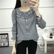 สไตล์เกาหลีผู้หญิงลายสก๊อตเสื้อลำลองแขนยาวเสื้อ Tops