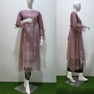 COD-Long Tunik Kebaya Tangan Tali Pita sabuk Pinggang Combinasi Ceruty Dan Furing Brokat