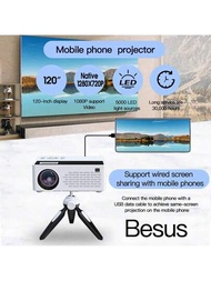 Besus J12c Pro 迷你投影機5000流明,支援type C 60瓦&amp;20v 3a適配器電源供應,手動梯形校正,可攜式720p本機鏡像屏幕,支援1080p全高清便攜式投影機電影投影機,兼容tv Stick智能手機/hdmi/ Usb/av,室內外可用,適用於iphone和android手機