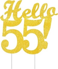 Hello 55 Cake Toppers Gold Glitter, Happy 55th Birthday Cake Decorations Cheers to 55 Years Party De