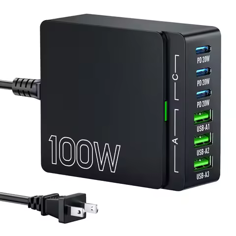 100W 6-Port GaN Quick Charge Hub - PD 3.0 Type C and USB A Charging Case - for Cell Phone Tablet Lap