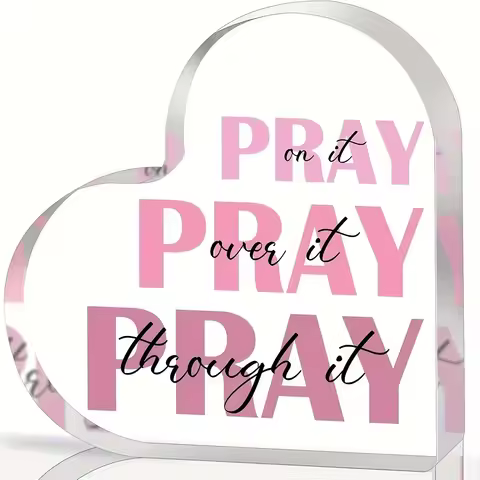 2D Flat, Elegant Heart-Shaped Acrylic Prayer Decor with "Pray It Over It" Inspirational Pink Verse -