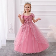 【Ready Stock】PiPi Girls' 3D Floral Tulle Gown (Pink/Ivory/Red/Blue)Puff shoulders + ruffled tulle la