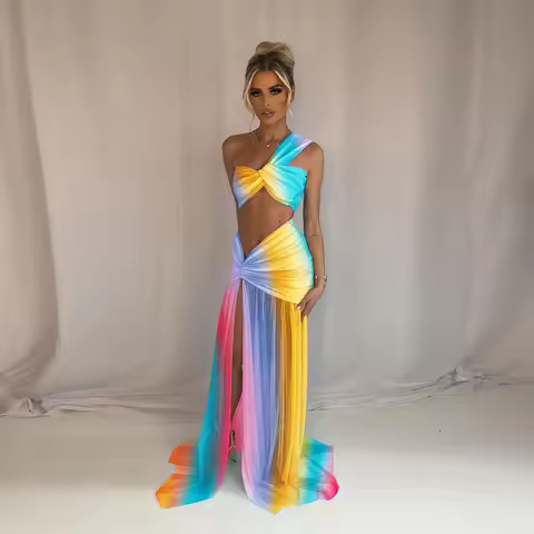 One Shoulder Bikini with Slit Skirt Top Sweet Waist Long Skirt Suit Swimsuits Women Bathing Suits Su