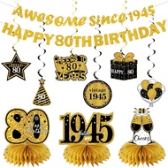 11Pcs 80th Birthday Decorations Kit for Men Women, Black Gold Happy 80th Birthday Banner, Awesome Si
