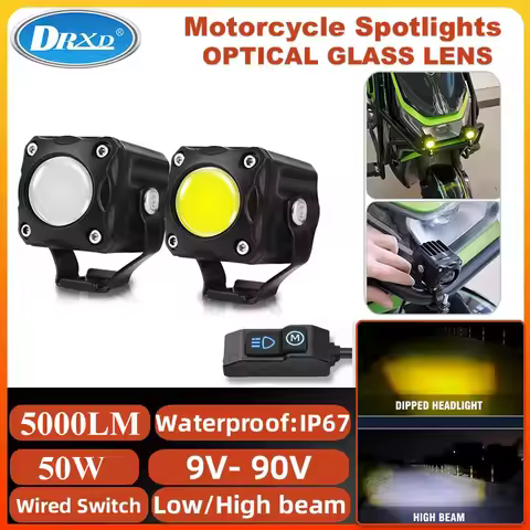 DRXD 704 Motorcycle Spotlight 50W 5000LM Low Beam High Beam Headlight Ultra Bright Auxiliary Flashin