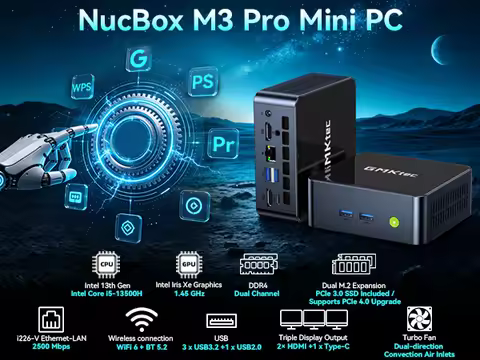 GMKtec M3 Pro Mini PC Intel i5-13500H Up to 64GB DDR4 PCIe3.0 SSD 2.5G LAN WiFi6 Triple 4K Office Ga