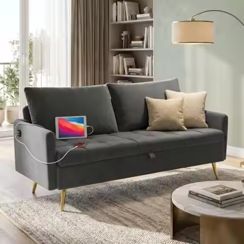 Mid Century Modern 60" W Grey Loveseat Storage Sofa 2 Seater With USB Ports | Upholstered Fabric Set