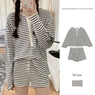 Sweet Pajamas Women Striped Long Sleeved T-shirt Shorts 2-piece Set Casual Home Clothes