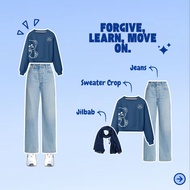 One Set 3in1 Trendy Crop SweaterWanita Wanita | Highwaist Jeans | Anti-Wrinkle Square Scarf - KA048