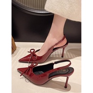 happy2u vincci official store Kasut bertumit tinggi burgundy, sandal Baotou Perancis, udara belakang