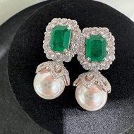 925 Silver Lab-grown Emerald Earring Necklace Set 10mm Natural Freshwater Pearl Full Diamond Ear Stu