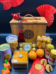 Chinese New Year Hamper : Clementine Set - Original Signature Kueh Lapis with Dutch Butter (+$2 for Prunes/Cheese), Special Pineapple Tarts with Dutch Butter , canned Abalone, Golden Birdnests, tub of Prawn Roll, box of Ferrero Rocher Chocolates,