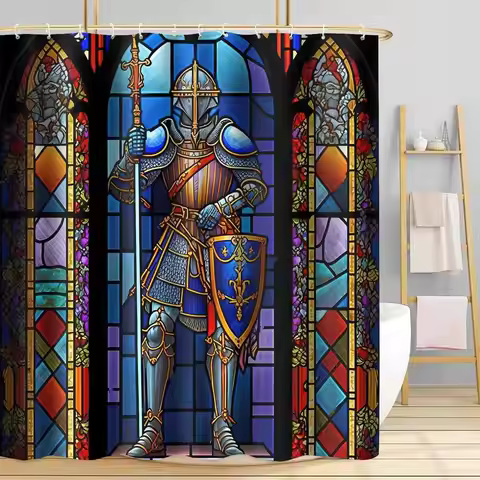 Shower Curtain, 72x72 inch Polyester, Medieval Knight Stained Glass Bathroom Shower Curtains Decor S
