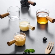 Milk Jug Pitcher Gelas Kaca Gagang Kayu Sloki Shot 100ML Teh Ocha Tea Kopi Latte Espresso Gelas Slok