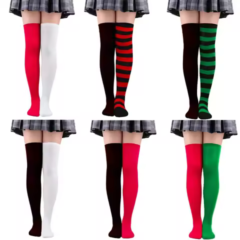 Women Two Toned Clown Thigh High Socks Striped Stockings Long Tube Over Knee for Fancy Dress Party A