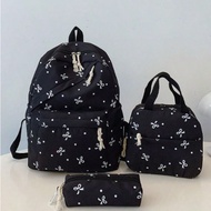 3pcs Nylon Bow Print Backpack Set, Foldable Multi-Po Cket Large CapacityWater-Resistant Zipper Backp