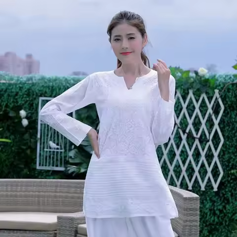 India Dress Classic Embroidered Hatha Yoga Meditation Ethnic Blouse Cotton White Indian Women Kurti 