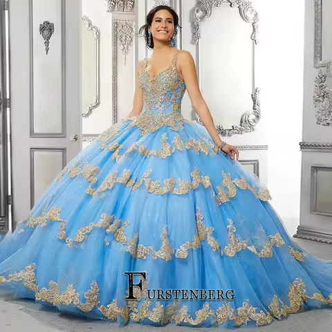 FURSTENBERG Blue Quinceanera Dresses Plus Size for Women Tiered Spaghetti Straps Formal Dresses Vest