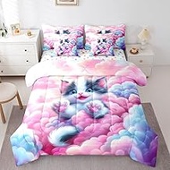 Erosebridal Kids Cat Bedding Set,Pink Blue Cloud Twin Comforter Set 7 Piece Cute Kawaii Little Cat B