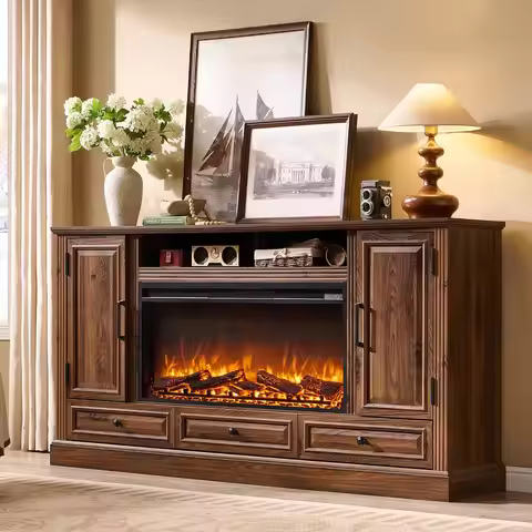 35.7" Tall Farmhouse Fireplace TV Stand for 80 Inch TV Living Room, Brown, Custom