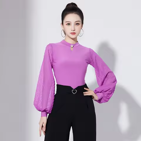 Ballroom Dance Clothes Top Women Adult Bishop Sleeves Black Lace Hight Neck Tops Latin Waltz Dance P